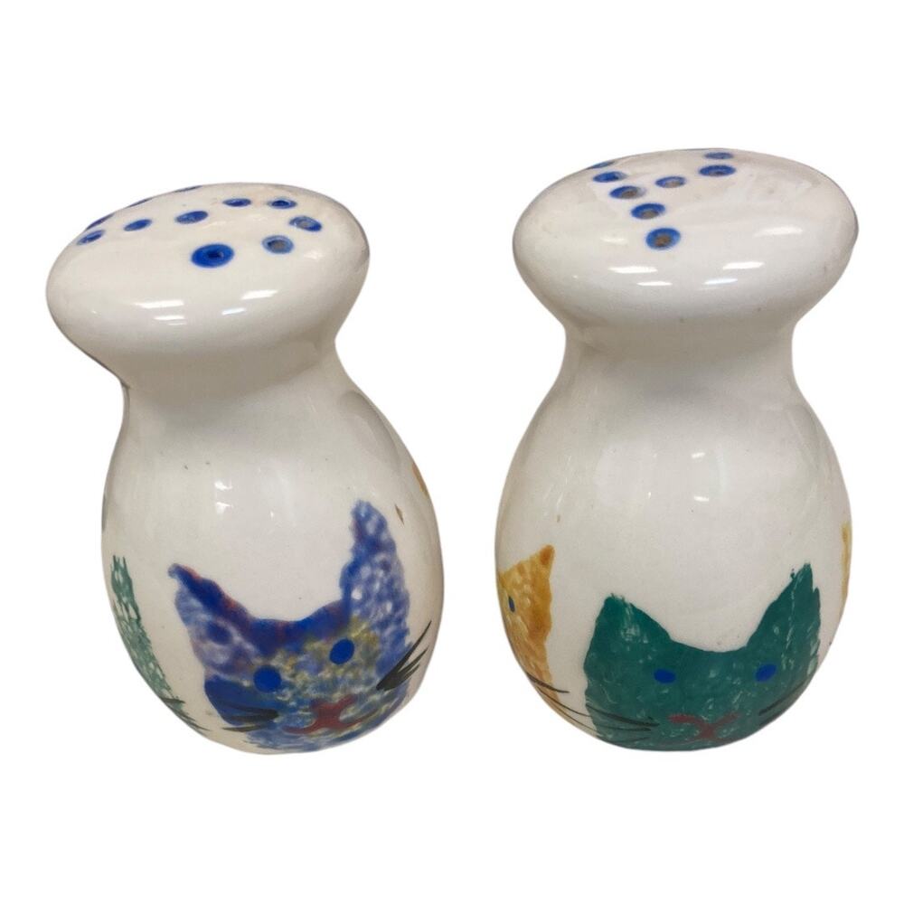 Cat Faces Hand Painted Salt & Pepper Set Mexico‎ 3.5" Tall x 2" w